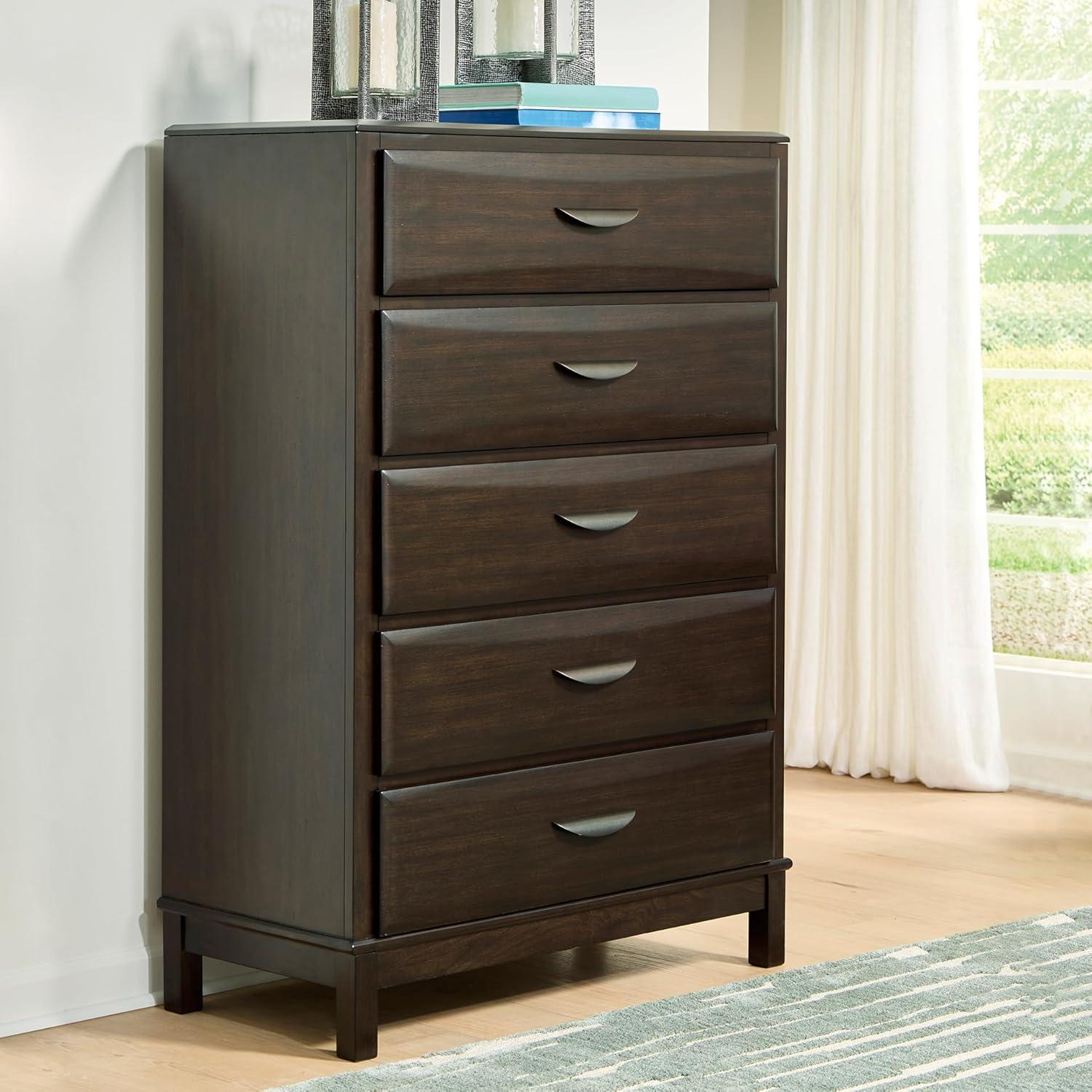 imageSignature Design by Ashley Cielden Coastal 5Drawer Chest of Drawers with Safety Stop and Textured Cane Details Light BrownDark Brown