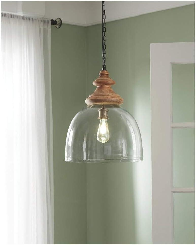 imageSignature Design by Ashley Faiz Rustic 205quot Natural Wood ampamp Glass Pendant Light Brown ampamp ClearHalf Dome