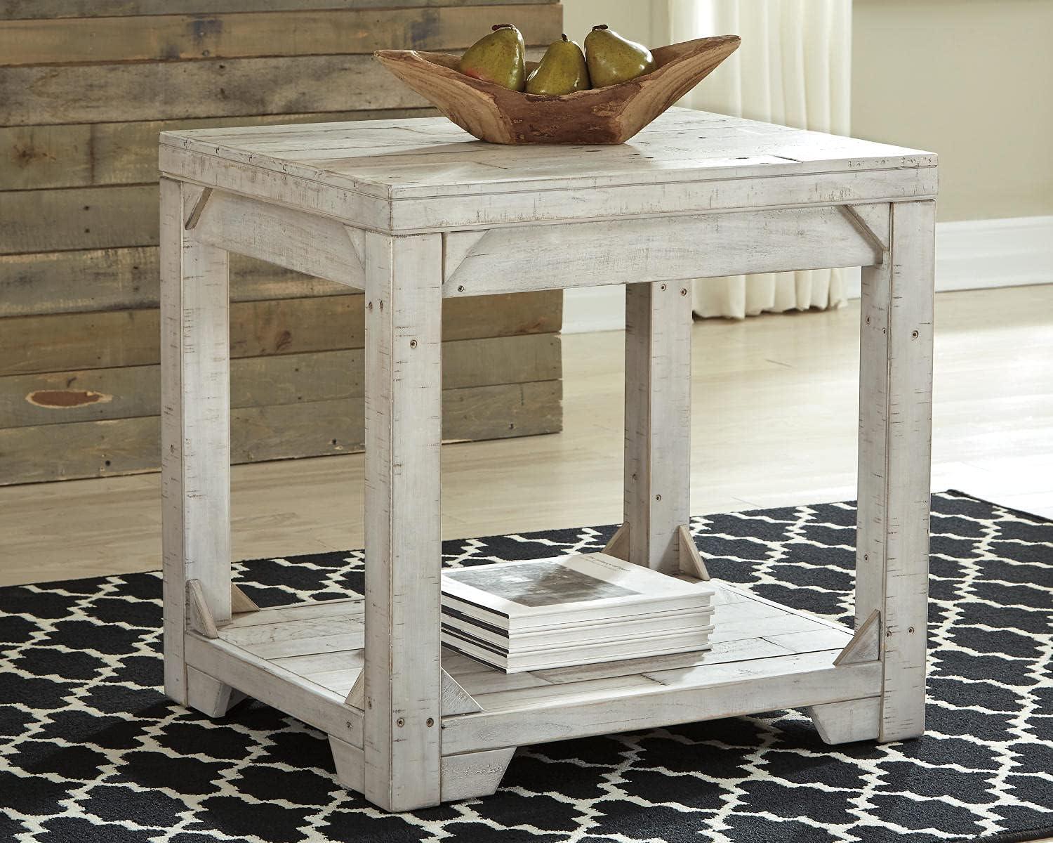 imageSignature Design by Ashley Fregine Farmhouse Square End Table with Floor Shelf Weathered White FinishWhitewash