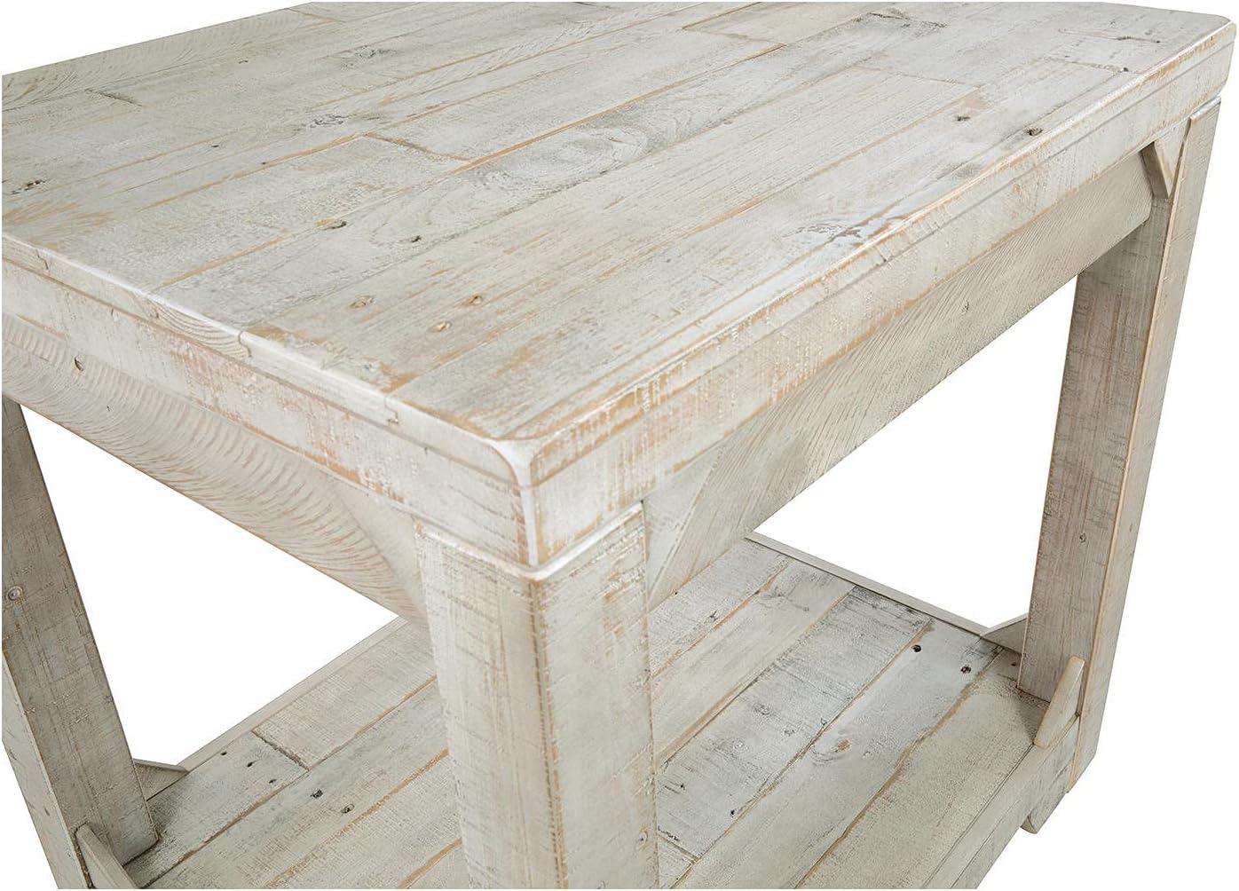 imageSignature Design by Ashley Fregine Farmhouse Square End Table with Floor Shelf Weathered White FinishWhitewash