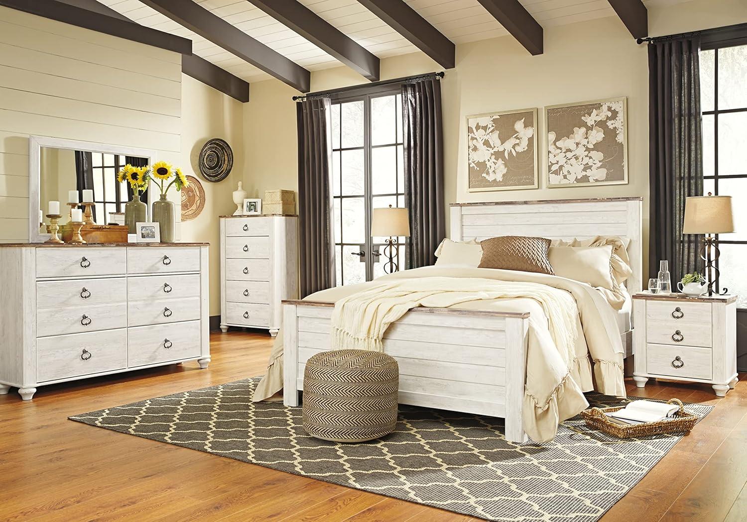 imageSignature Design by Ashley Hyanna Rustic SmoothGliding 6Drawer Dresser and Mirror with Safety Stop Light BrownWhitewash Brown