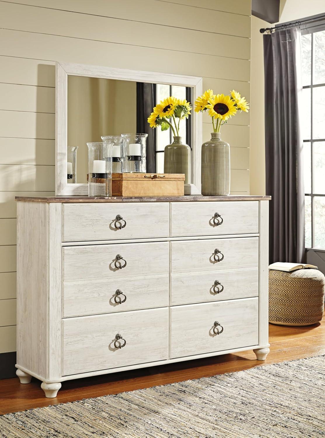 imageSignature Design by Ashley Hyanna Rustic SmoothGliding 6Drawer Dresser and Mirror with Safety Stop Light BrownWhitewash Brown