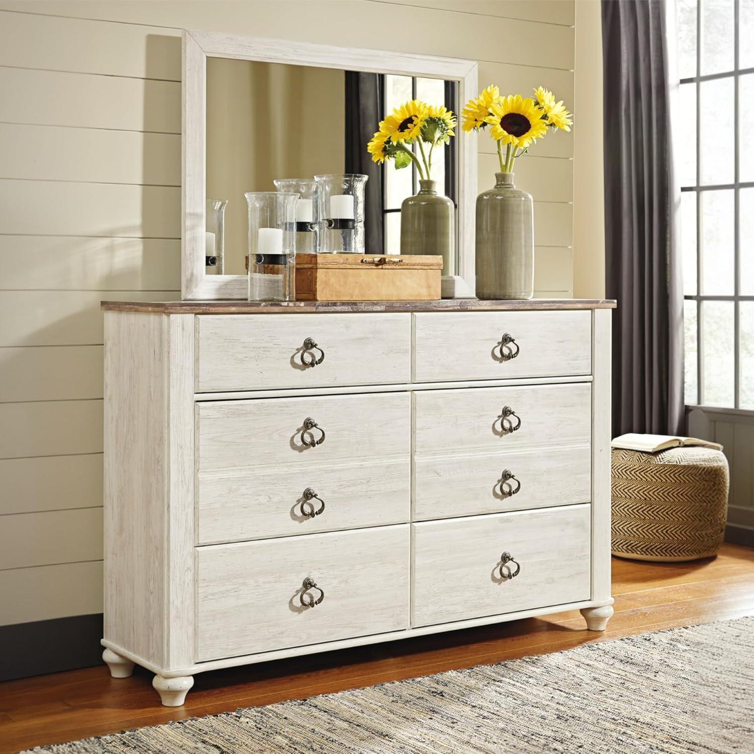imageSignature Design by Ashley Hyanna Rustic SmoothGliding 6Drawer Dresser and Mirror with Safety Stop Light BrownWhitewash Brown