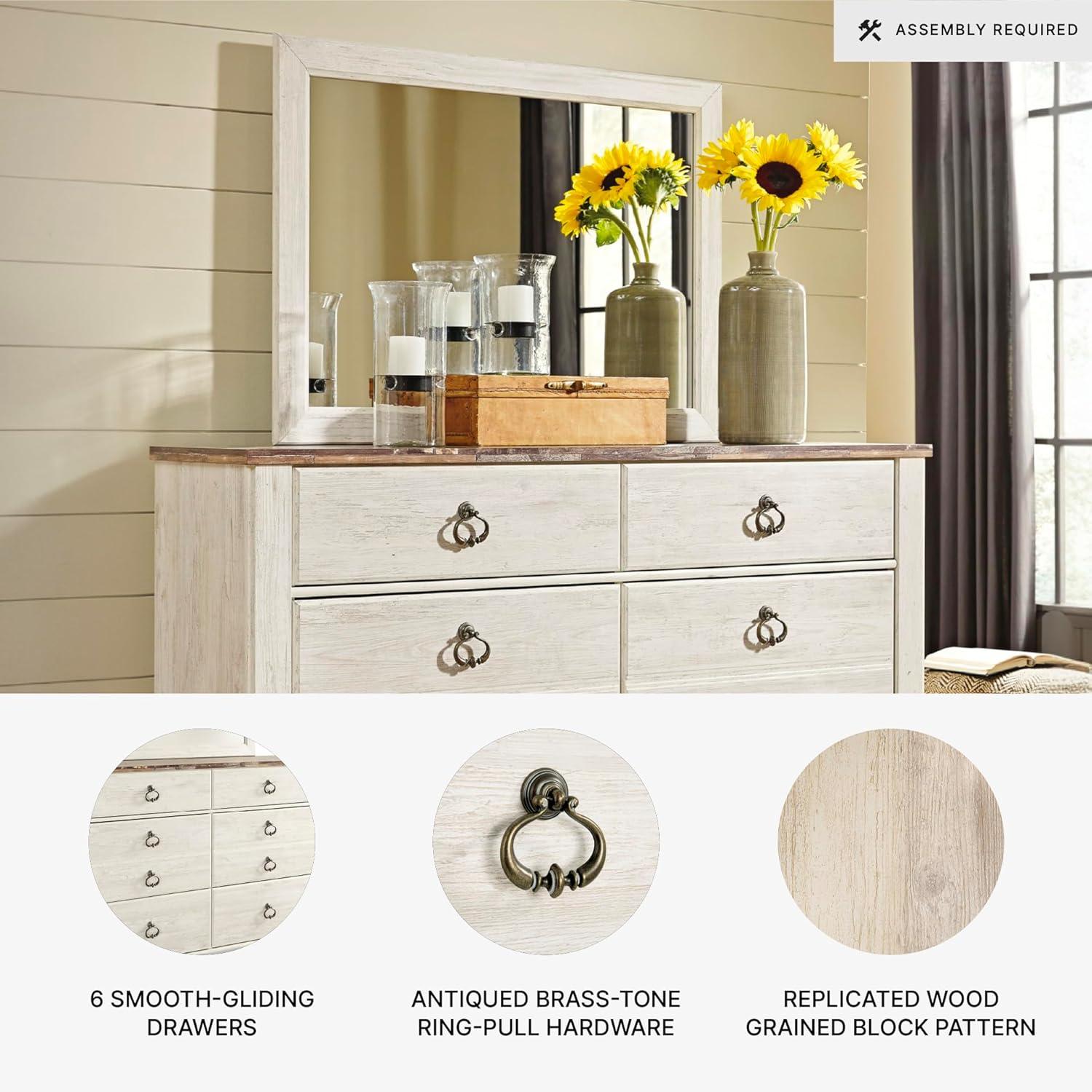 imageSignature Design by Ashley Hyanna Rustic SmoothGliding 6Drawer Dresser and Mirror with Safety Stop Light BrownWhitewash Brown