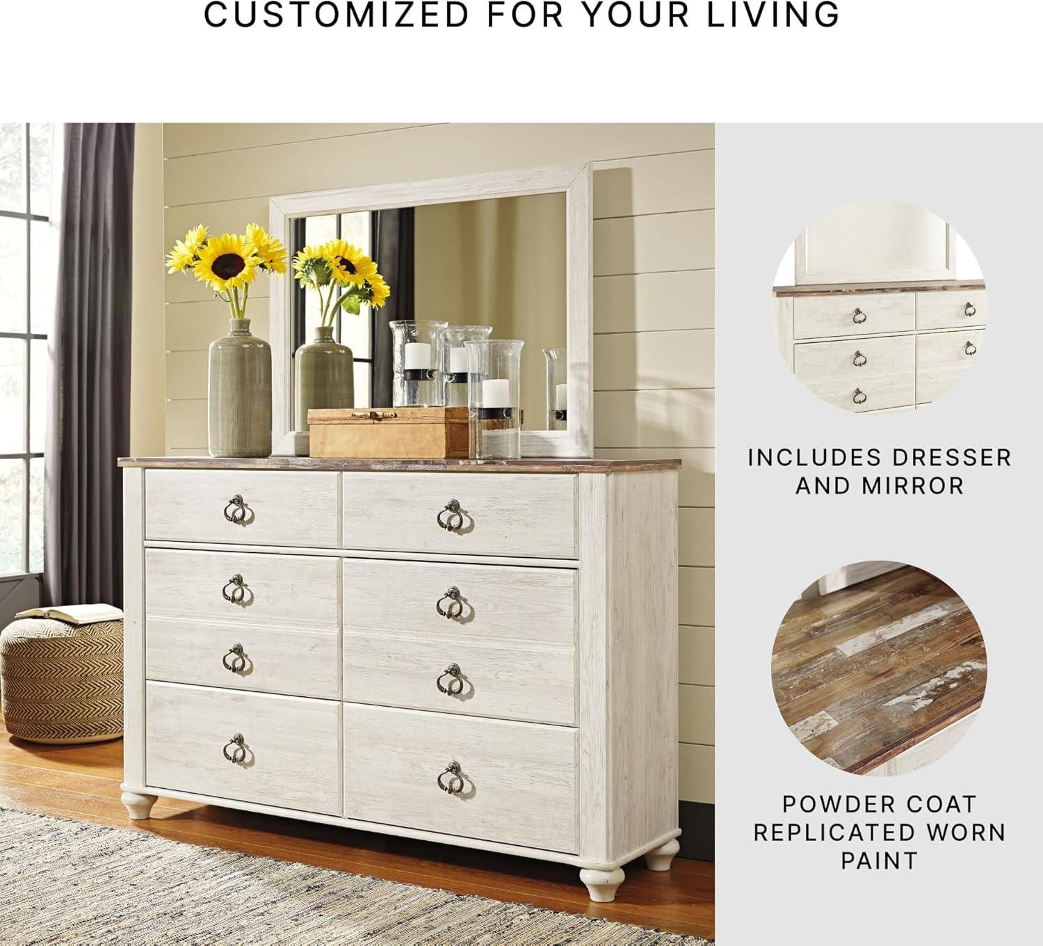 imageSignature Design by Ashley Hyanna Rustic SmoothGliding 6Drawer Dresser and Mirror with Safety Stop Light BrownWhitewash Brown