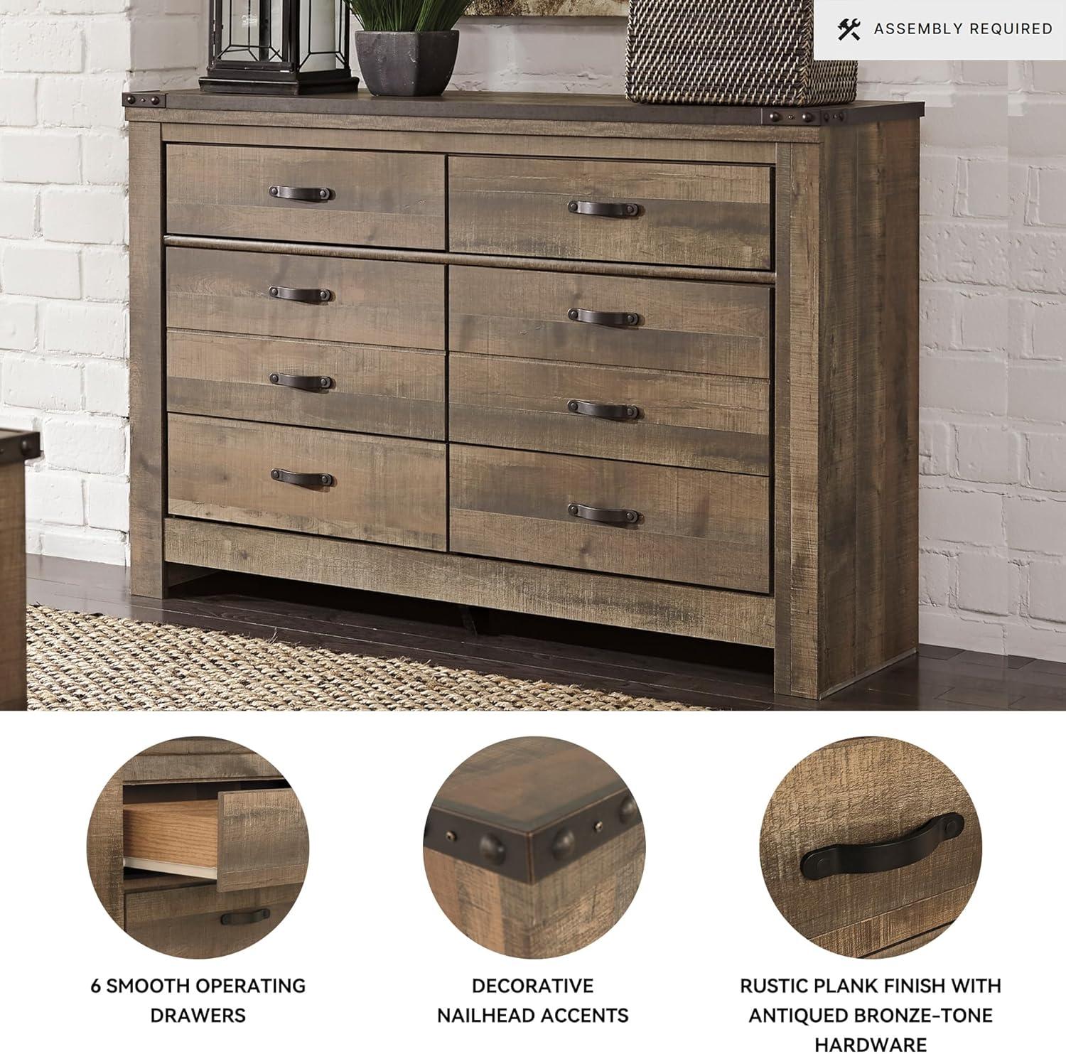 imageSignature Design by Ashley Trinell Rustic 6 Drawer Dresser with Safety Stop for Bedroom Dark Brown