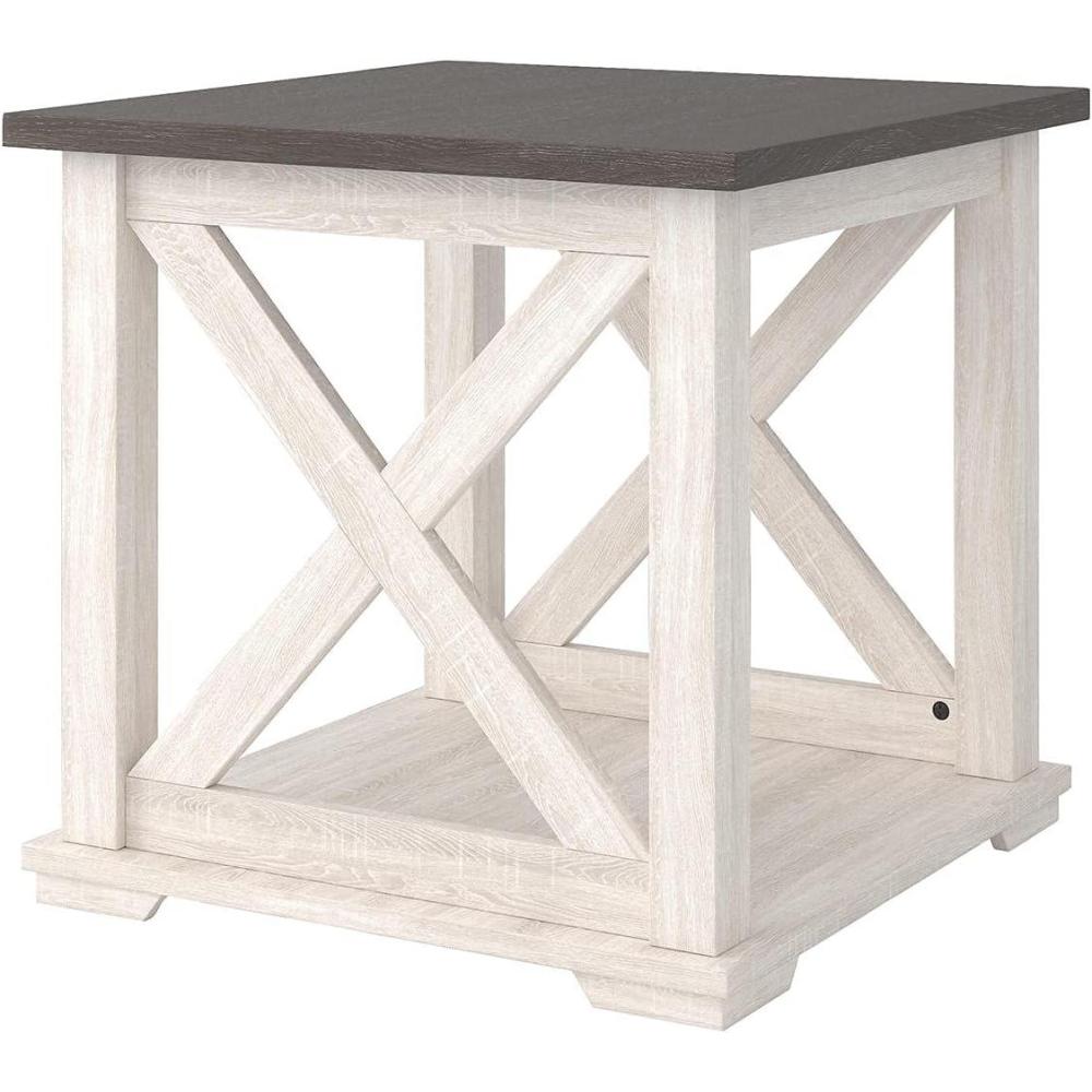 imageSignature Design by Ashley Aldwin Farmhouse Square End Table with Crossbuk Details Light BrownWhite