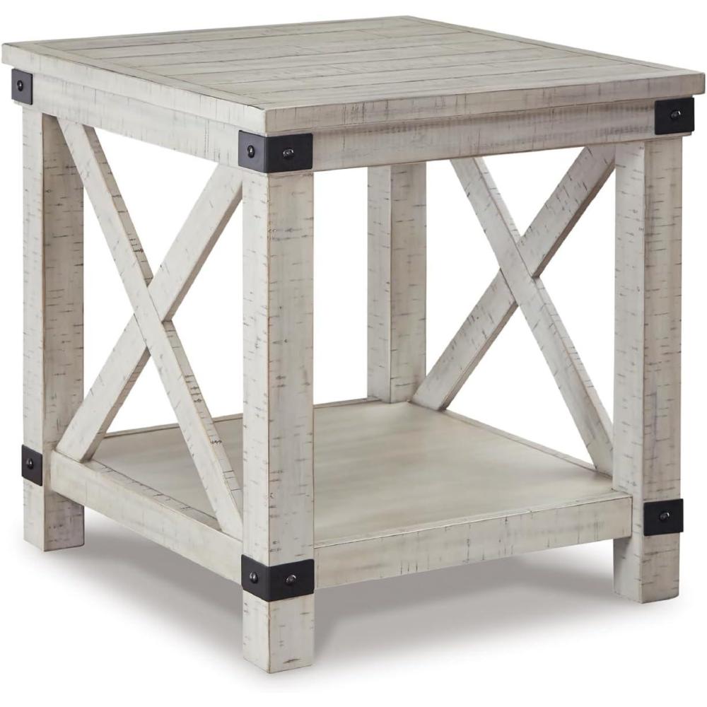 imageSignature Design by Ashley Aldwin Farmhouse Square End Table with Crossbuk Details Light BrownWhitewash