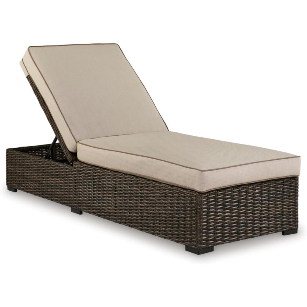 imageSignature Design by Ashley Coastline Bay Casual Outdoor Armless Chaise Lounge with Cushion and Adjustable Height Beige ampamp Dark BrownOutdoor Chaise Lounge with Cushion