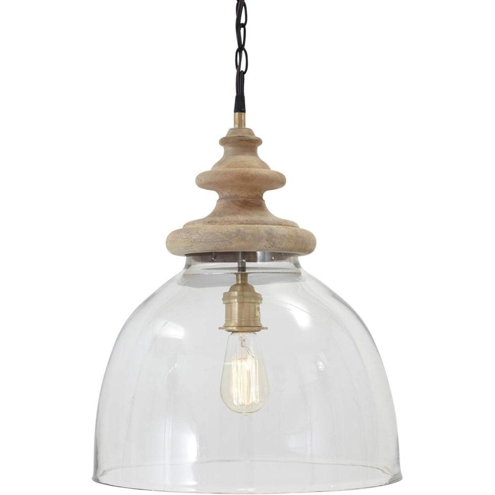 imageSignature Design by Ashley Faiz Rustic 205quot Natural Wood ampamp Glass Pendant Light Brown ampamp ClearHalf Dome