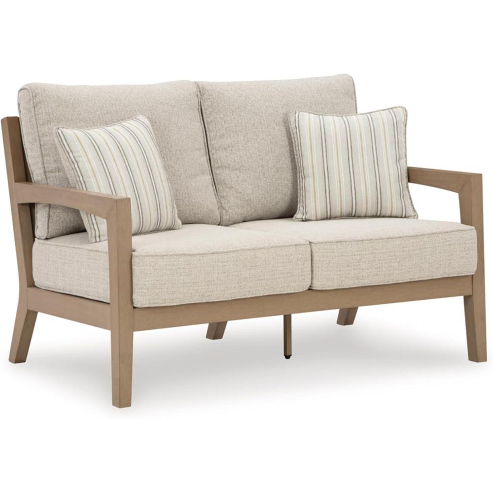 imageSignature Design by Ashley Hallow Creek Cottage Nuvella Weather Resistant Fabric Outdoor Loveseat with Cushion and 2 Throw Pillows Light Brown ampamp Beige