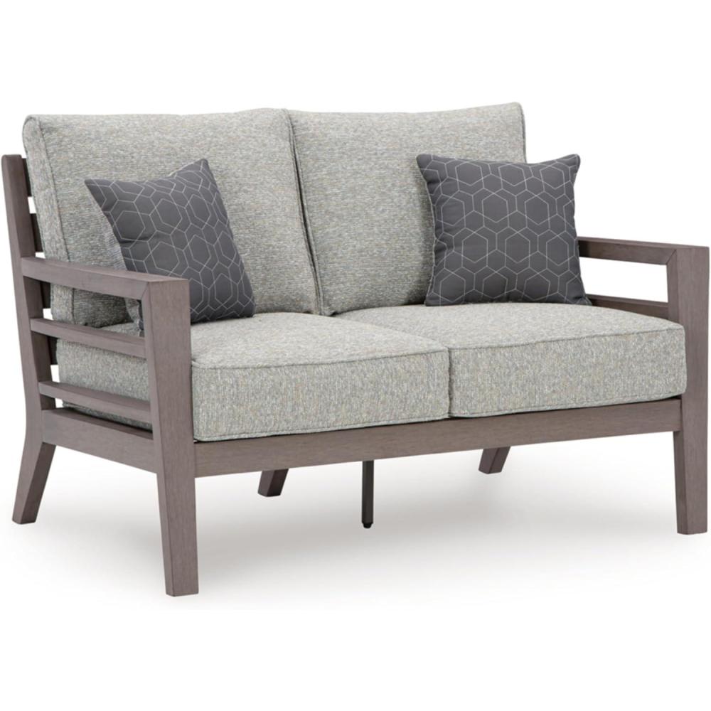 imageSignature Design by Ashley Hillside Barn Contemporary Nuvella Weather Resistant Fabric Outdoor Loveseat with Cushion and 2 Throw Pillows Light Brown ampamp Light Gray