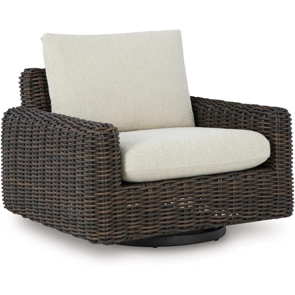 imageSignature Design by Ashley Kimora Casual Nuvella Weather Resistant Fabric Resin Wicker Outdoor Swivel Glider Lounge Chair with Removable Cushions Dark Brown ampamp Beige