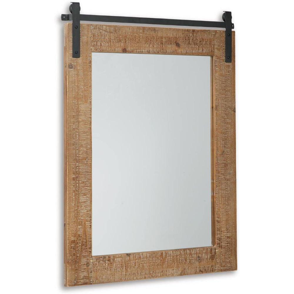 imageSignature Design by Ashley Lanie Rustic Accent Mirror with Metal Faux Barn Door Track Brown ampamp Black