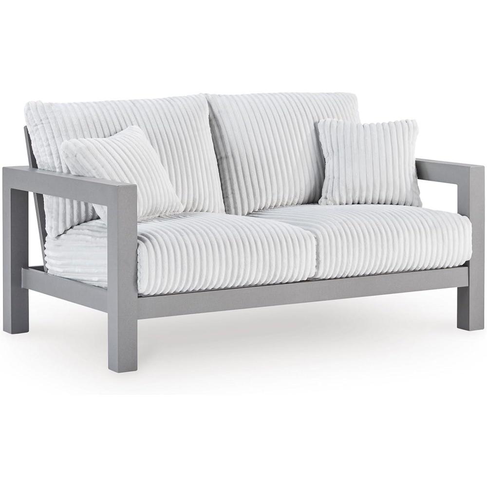 imageSignature Design by Ashley Moonlight View Contemporary Outdoor Nuvella Weather Resistant Fabric Sofa with Cushion and 4 Throw Pillows White ampamp Light GrayOutdoor Loveseat with Cushion