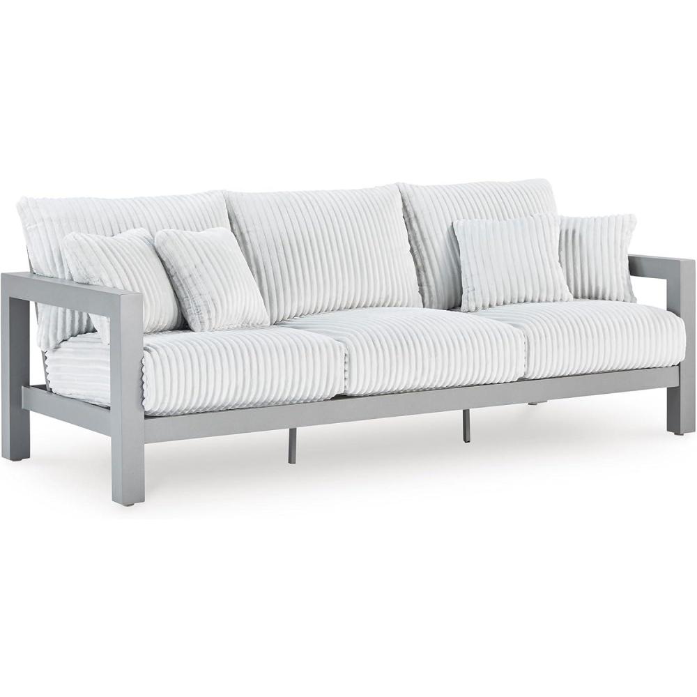 imageSignature Design by Ashley Moonlight View Contemporary Outdoor Nuvella Weather Resistant Fabric Sofa with Cushion and 4 Throw Pillows White ampamp Light GrayOutdoor Sofa with Cushion