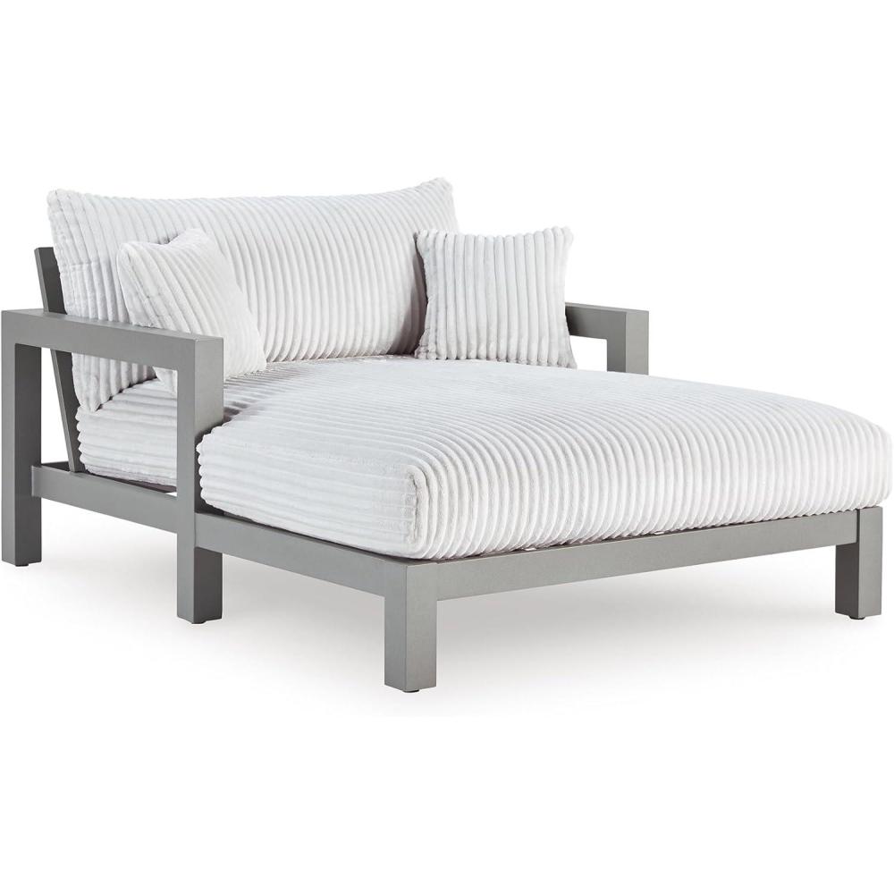 imageSignature Design by Ashley Moonlight View Contemporary Outdoor Nuvella Weather Resistant Fabric Sofa with Cushion and 4 Throw Pillows White ampamp Light GrayOutdoor Chaise Lounge with Cushion