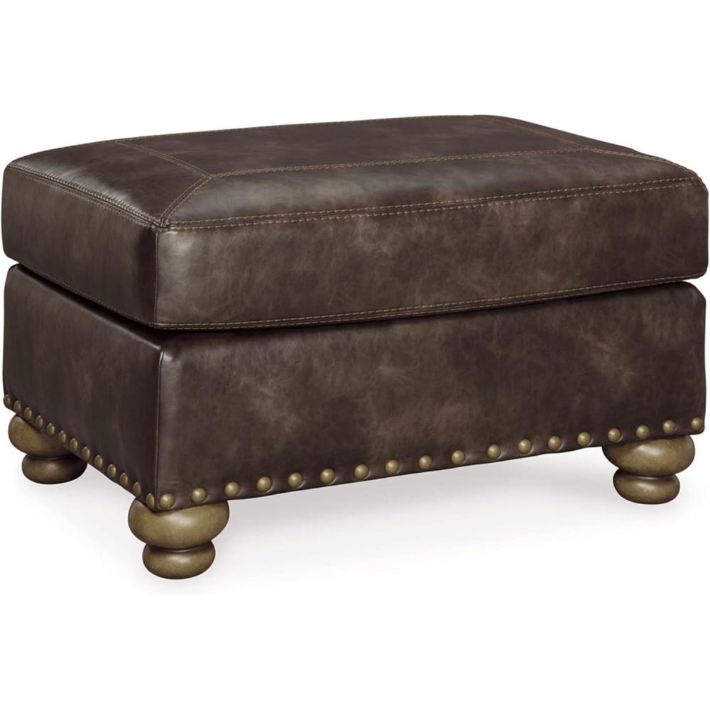 imageSignature Design by Ashley Nicorvo Traditional Faux Leather Ottoman with Gold Nailhead Trim BrownBrown