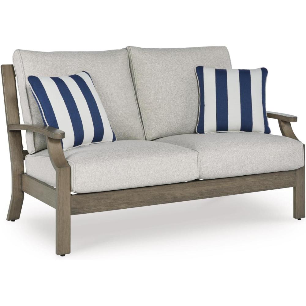 imageSignature Design by Ashley Rainier Ranch Casual Nuvella Weather Resistant Fabric Outdoor Loveseat with Cushion and 2 Accent Pillows Light Brown ampamp Light Gray