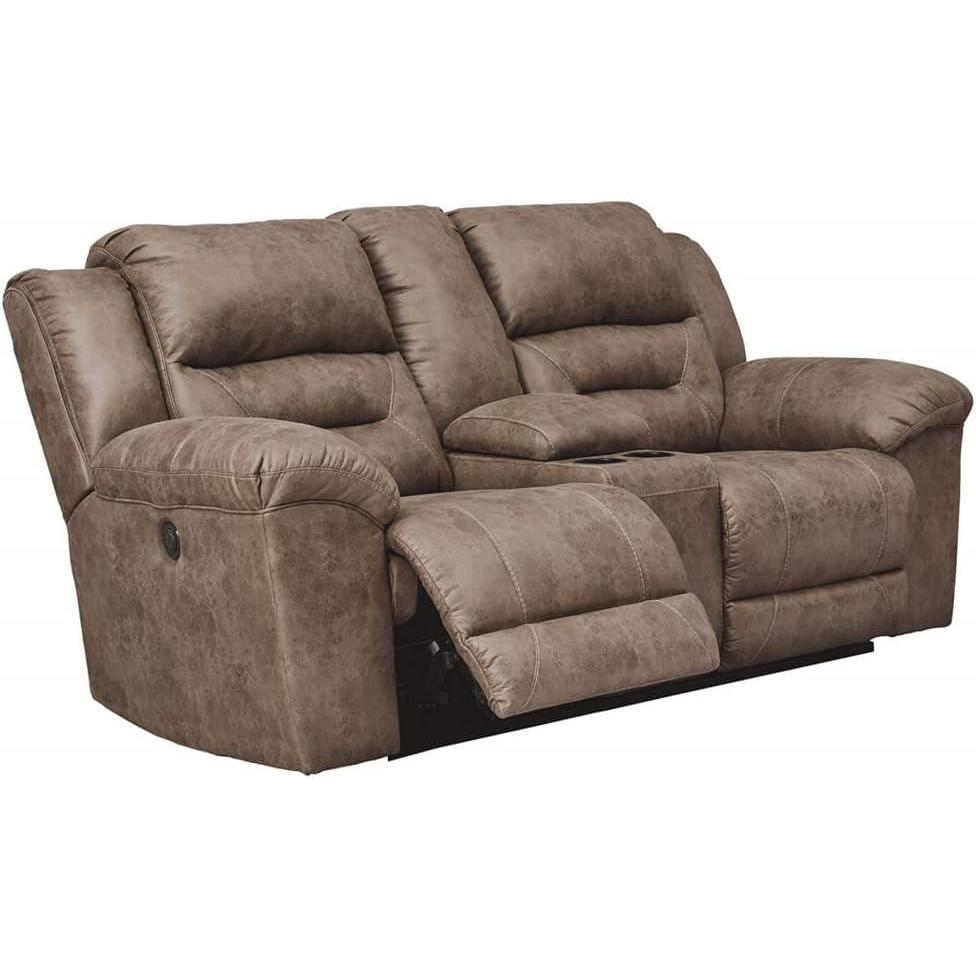 imageSignature Design by Ashley Stoneland Faux Leather Power Double Reclining Loveseat with Center Console Dark BrownGrey