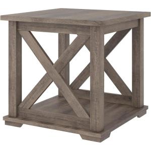 Signature Design by Ashley Aldwin Farmhouse Square End Table with Crossbuk Details, Light Brown(Grey)