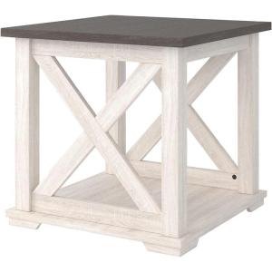 Signature Design by Ashley Aldwin Farmhouse Square End Table with Crossbuk Details, Light Brown(White)