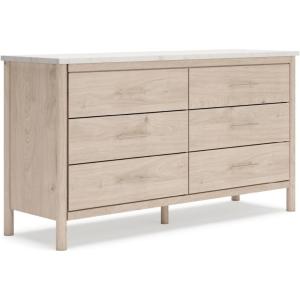 Signature Design by Ashley Cadmori Casual Bohemian Dresser with Post Legs and 6 Drawers, Replicated Marble Top, Wood, 35″ High, White and Light Brown Finish(Light Brown & White)
