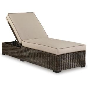 Signature Design by Ashley Coastline Bay Casual Outdoor Armless Chaise Lounge with Cushion and Adjustable Height, Beige & Dark Brown(Outdoor Chaise Lounge with Cushion)