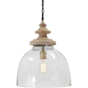 Signature Design by Ashley Faiz Rustic 20.5″ Natural Wood & Glass Pendant Light, Brown & Clear(Half Dome)