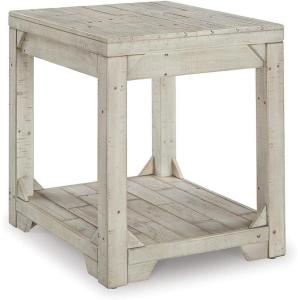 Signature Design by Ashley Fregine Farmhouse Square End Table with Floor Shelf, Weathered White Finish(Whitewash)