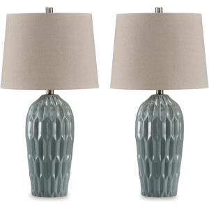 Signature Design by Ashley Hadbury Contemporary Ceramic Table Lamp Set with 3-Way Switch, Set of 2, Light Green & Beige