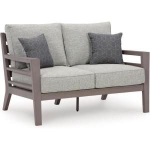 Signature Design by Ashley Hillside Barn Contemporary Nuvella Weather Resistant Fabric Outdoor Loveseat with Cushion and 2 Throw Pillows, Light Brown & Light Gray