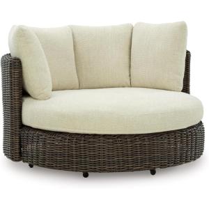 Signature Design by Ashley Kimora Casual Nuvella Weather Resistant Fabric Outdoor Swivel Lounge Chair with Zippered Removable Cushion and Casters, Beige & Dark Brown