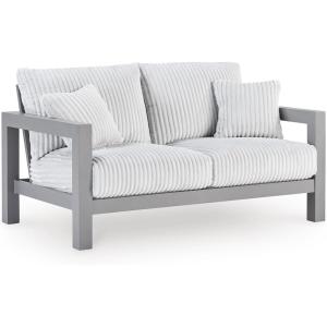 Signature Design by Ashley Moonlight View Contemporary Outdoor Nuvella Weather Resistant Fabric Sofa with Cushion and 4 Throw Pillows, White & Light Gray(Outdoor Loveseat with Cushion)