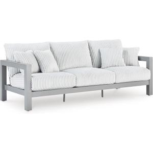 Signature Design by Ashley Moonlight View Contemporary Outdoor Nuvella Weather Resistant Fabric Sofa with Cushion and 4 Throw Pillows, White & Light Gray(Outdoor Sofa with Cushion)