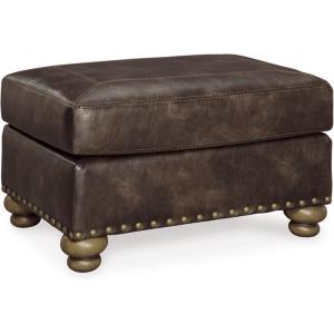 Signature Design by Ashley Nicorvo Traditional Faux Leather Ottoman with Gold Nailhead Trim, Brown(Brown)