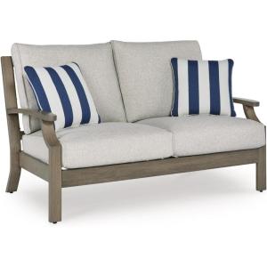 Signature Design by Ashley Rainier Ranch Casual Nuvella Weather Resistant Fabric Outdoor Loveseat with Cushion and 2 Accent Pillows, Light Brown & Light Gray