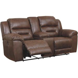 Signature Design by Ashley Stoneland Faux Leather Power Double Reclining Loveseat with Center Console, Dark Brown(Brown)