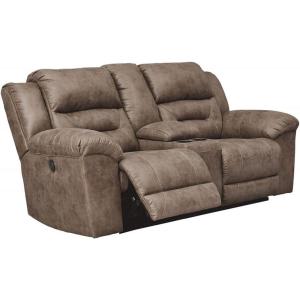 Signature Design by Ashley Stoneland Faux Leather Power Double Reclining Loveseat with Center Console, Dark Brown(Grey)