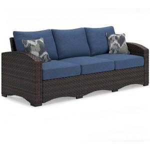 Signature Design by Ashley Windglow Casual Weather Resistant Outdoor Sofa with Cushion and 2 Toss Pillows, Blue & Dark Brown
