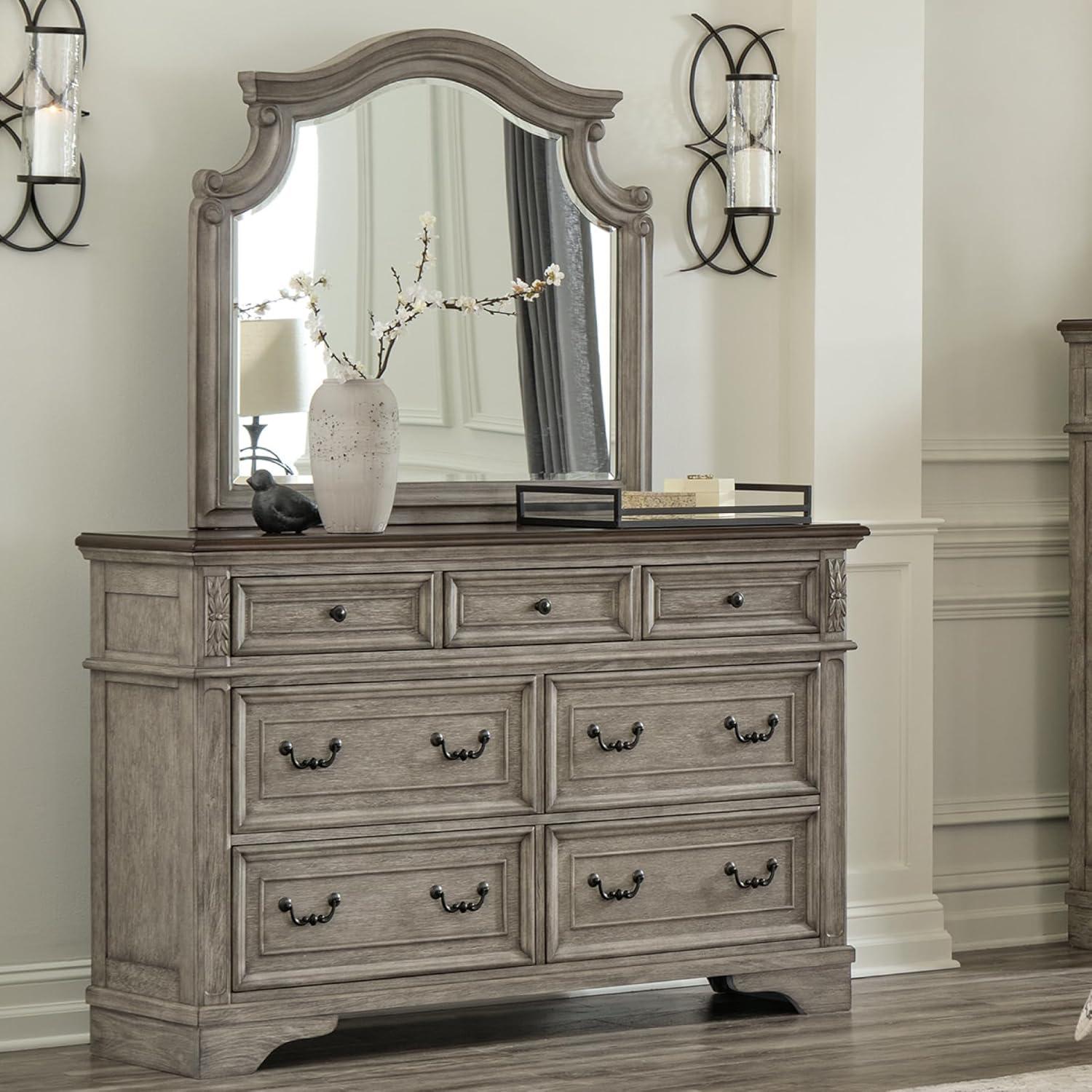 imageSignature Design by Ashley Lodenbay Casual SmoothGliding 7Drawer Dresser and Mirror with Safety Stop Light Gray ampamp Dark BrownAntique Gray