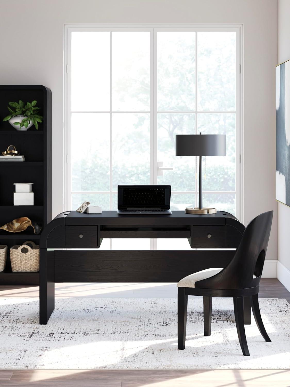 imageSignature Design by Ashley Rowanbeck Contemporary 2Drawer 60quot Home Office Desk with PullOut Keyboard Tray Cord Management USB Charging Ports and 2 Utility Bins Black