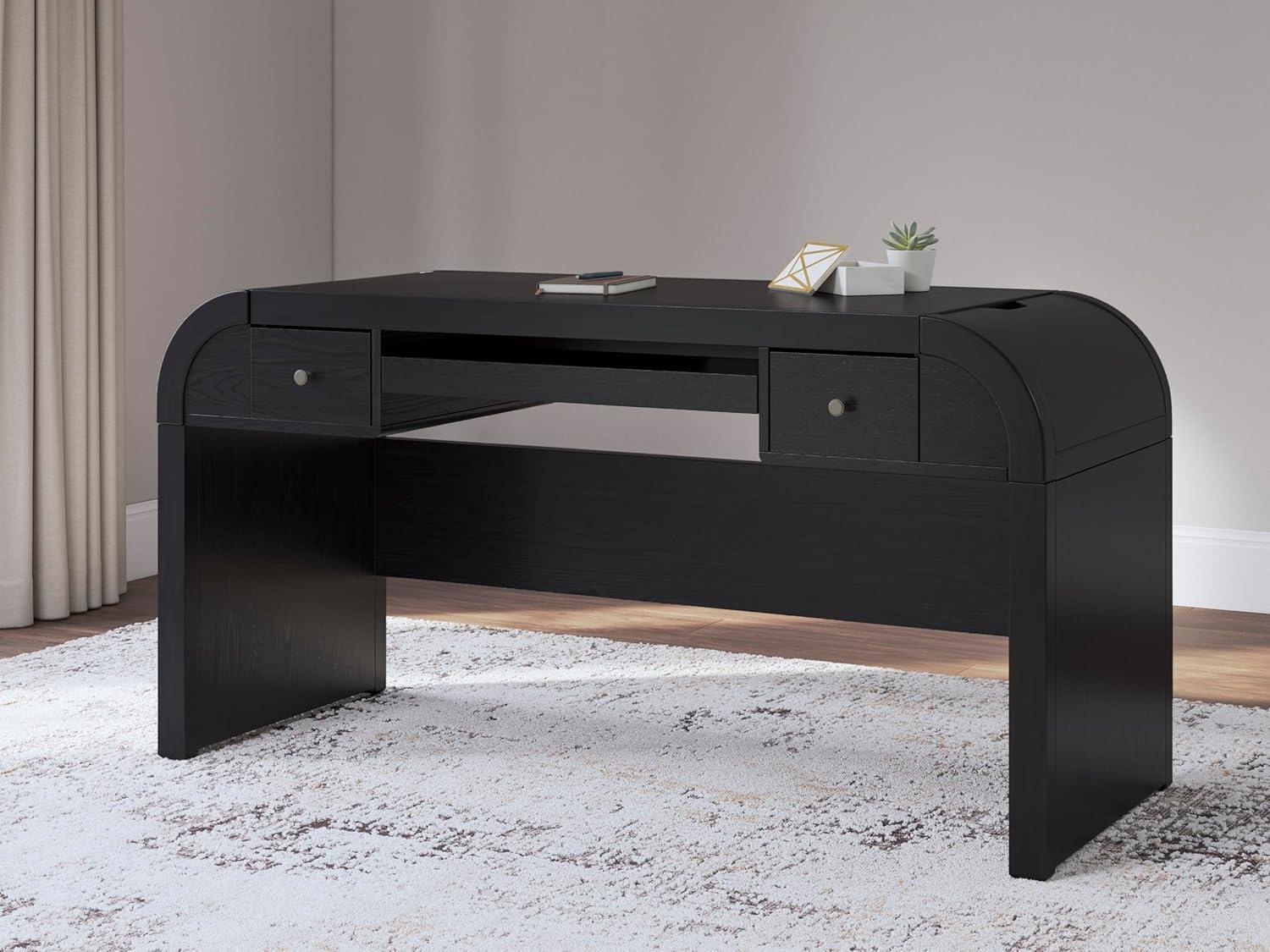 imageSignature Design by Ashley Rowanbeck Contemporary 2Drawer 60quot Home Office Desk with PullOut Keyboard Tray Cord Management USB Charging Ports and 2 Utility Bins Black