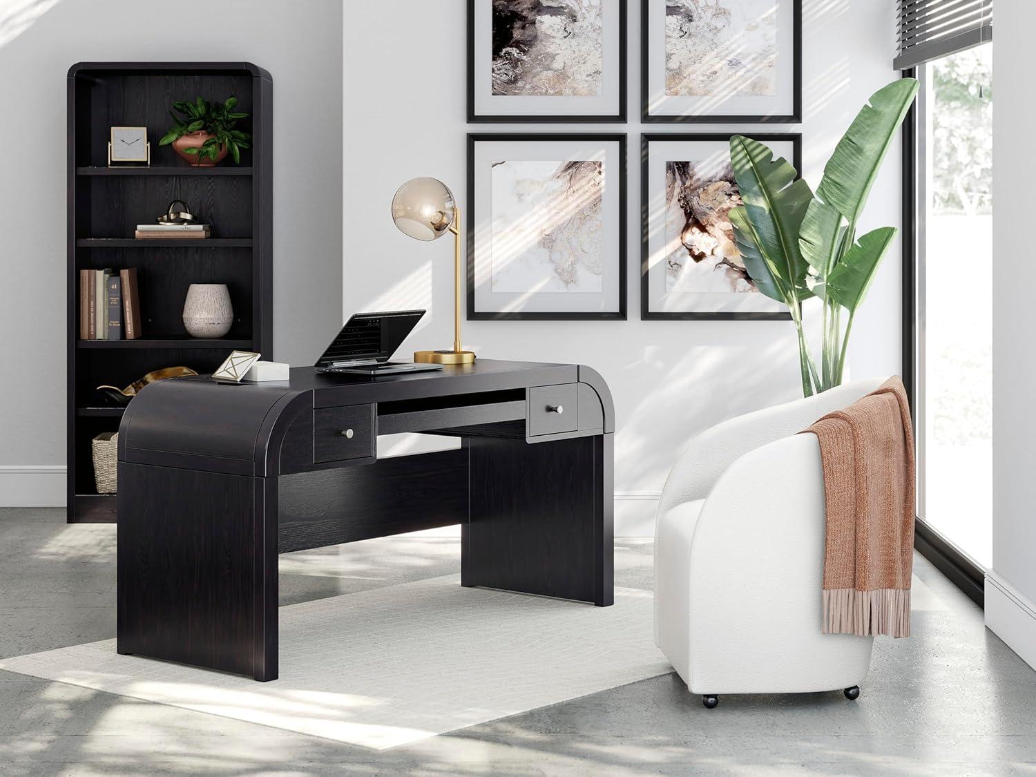 imageSignature Design by Ashley Rowanbeck Contemporary 2Drawer 60quot Home Office Desk with PullOut Keyboard Tray Cord Management USB Charging Ports and 2 Utility Bins Black