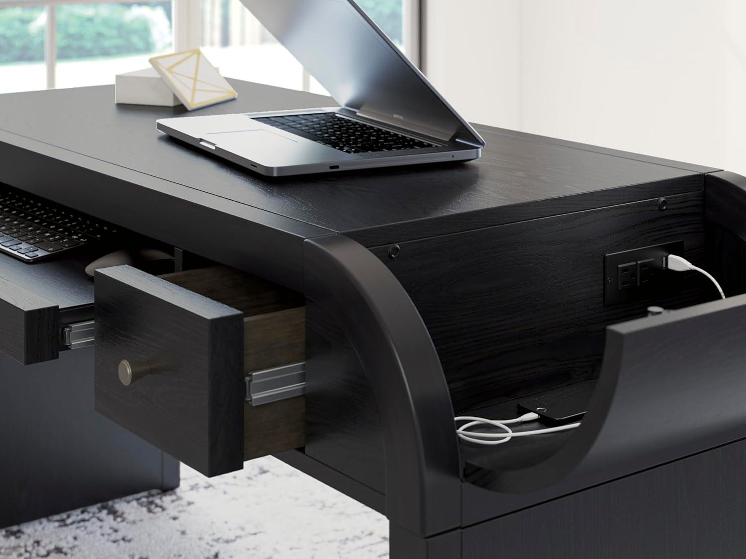 imageSignature Design by Ashley Rowanbeck Contemporary 2Drawer 60quot Home Office Desk with PullOut Keyboard Tray Cord Management USB Charging Ports and 2 Utility Bins Black