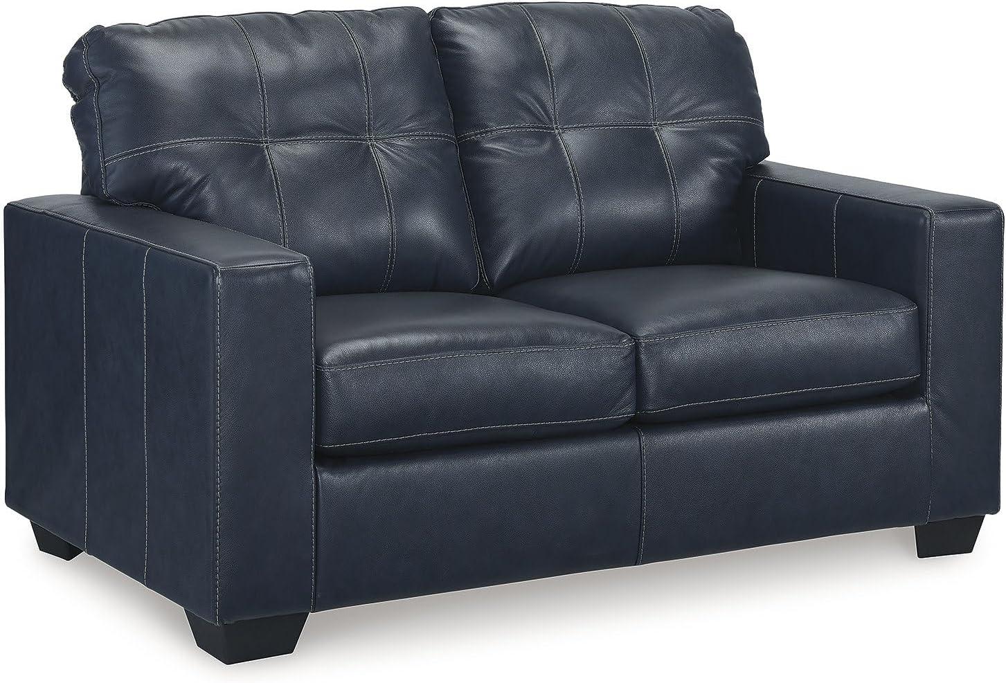 imageSignature Design by Ashley Santorine Classic Leather Match Tufted Sofa Sleeper with BiFold Memory Foam Mattress Queen Dark BrownBlue