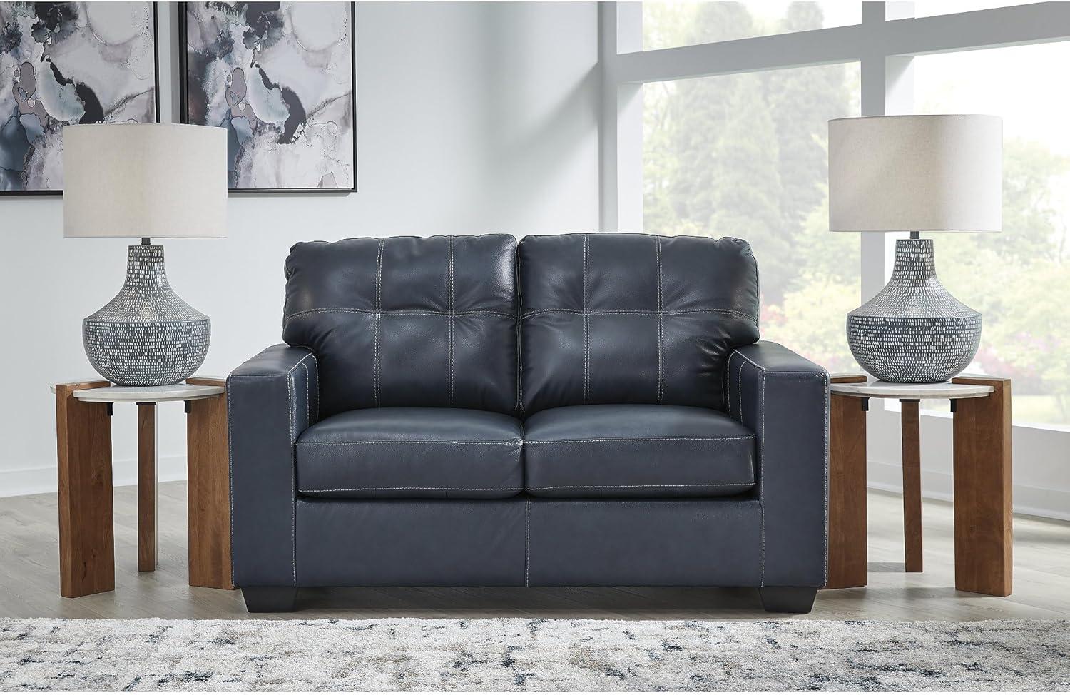 imageSignature Design by Ashley Santorine Classic Leather Match Tufted Sofa Sleeper with BiFold Memory Foam Mattress Queen Dark BrownBlue