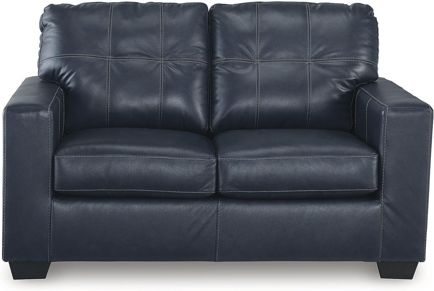 imageSignature Design by Ashley Santorine Classic Leather Match Tufted Sofa Sleeper with BiFold Memory Foam Mattress Queen Dark BrownBlue