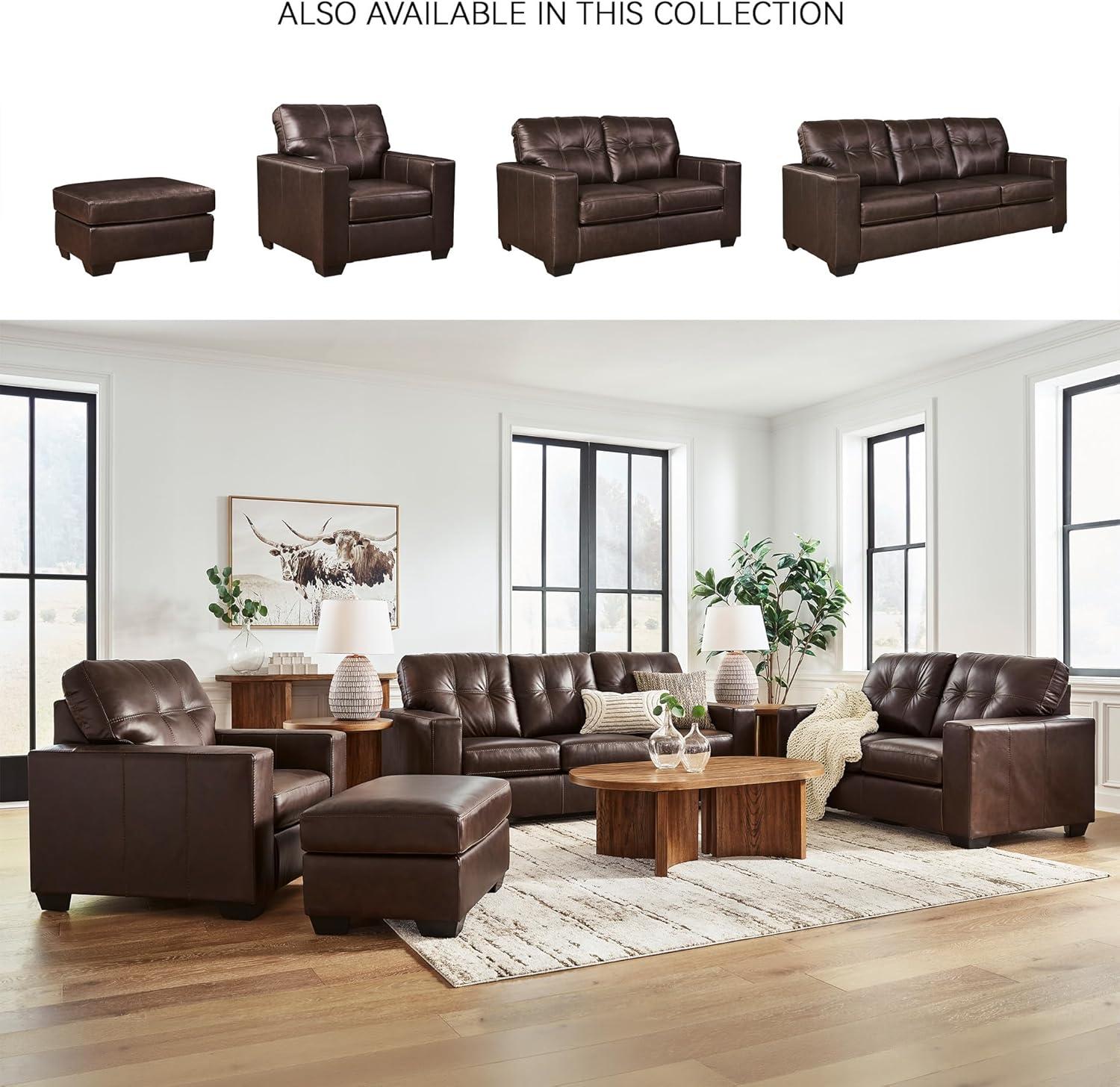 imageSignature Design by Ashley Santorine Classic Leather Match Tufted Sofa Sleeper with BiFold Memory Foam Mattress Queen Dark BrownDark Brown