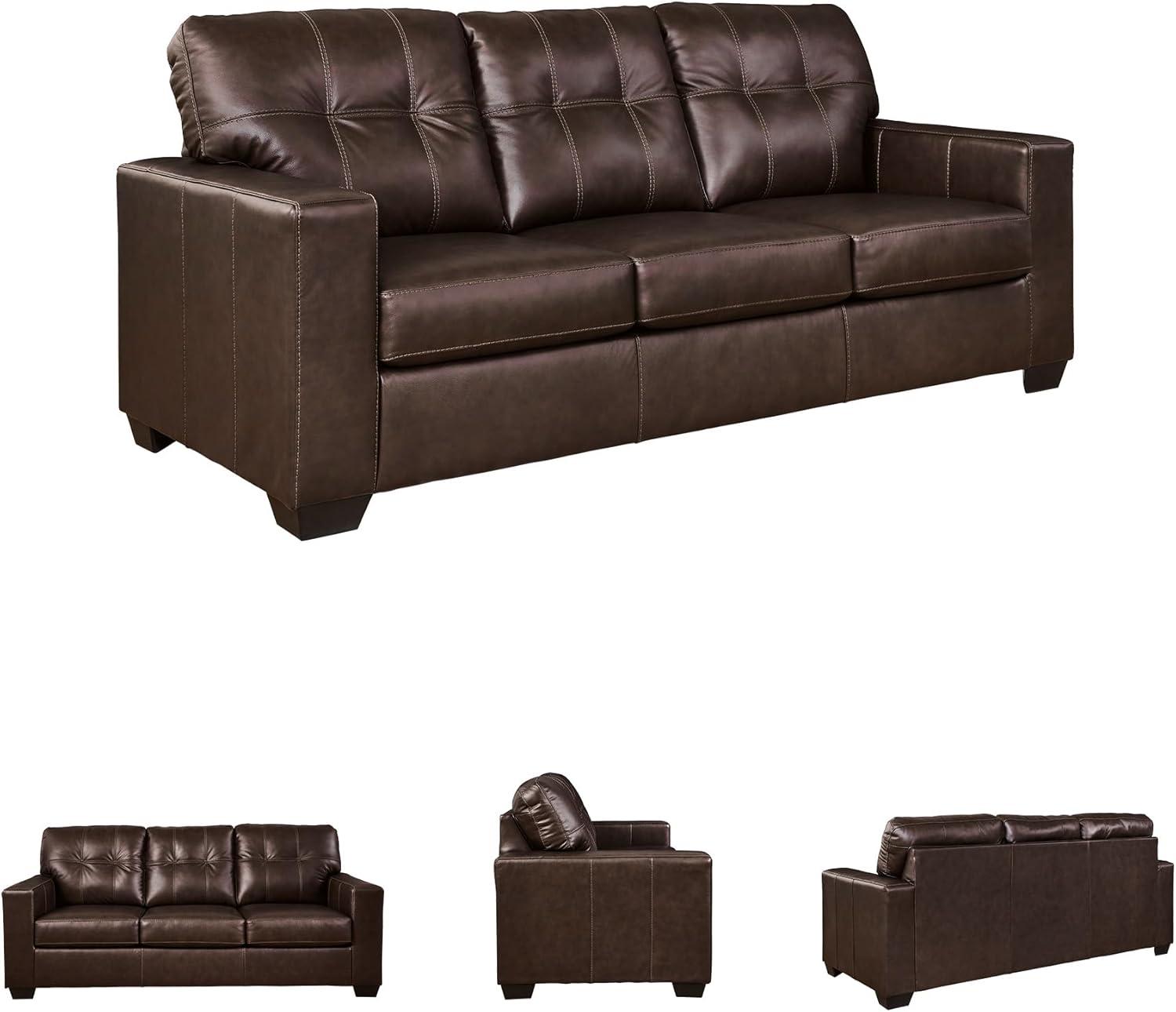 imageSignature Design by Ashley Santorine Classic Leather Match Tufted Sofa Sleeper with BiFold Memory Foam Mattress Queen Dark BrownDark Brown